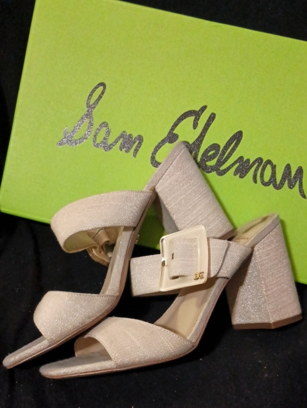 Sam Edelman DALTON in Sand/Metallic Linen Sandal w/Block Heel & Buckle Size 10M